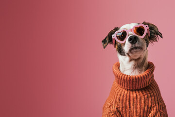 This stylish dog rocks heart-shaped sunglasses and a knitted sweater, projecting a chic and playful mood