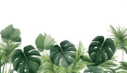 Tropical palm leaves and swiss cheese plant isolated