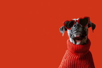 A charismatic pug in a red knitted sweater and funky heart glasses exudes a cool and loving vibe