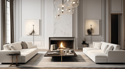 A modern living room featuring a statement lighting fixture that adds a touch of sophistication
