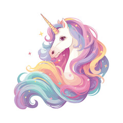 Cute magical fairy unicorn rainbow pastel colors. Vector design sticker isolated on white background. Print for t-shirt or sticker. Romantic hand drawing illustration for children adorable pony