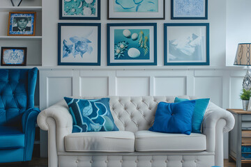 White sofa and blue armchair in living room