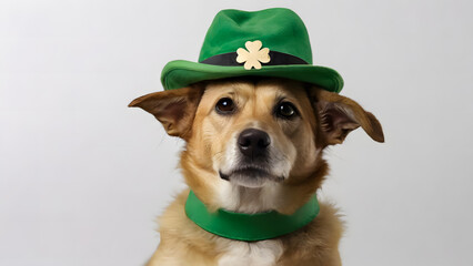 Dog wearing St. Patrick's Day costume with hat on white background