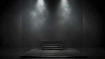 A dark black podium in dark black foggy room with dim light - obrazy, fototapety, plakaty