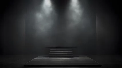 Foto op Plexiglas A dark black podium in dark black foggy room with dim light © DimaSabaka