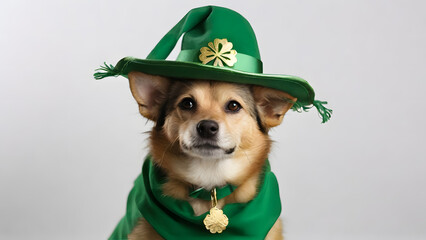 Dog wearing St. Patrick's Day costume with hat on white background