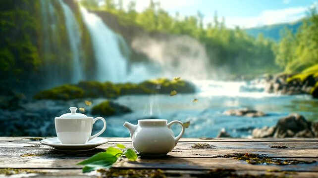 Teapot with teacup in river on waterfall background. Seamless looping time-lapse 4k video animation background