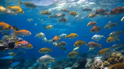Naklejka na ściany i meble Coral reef and fishes in the sea