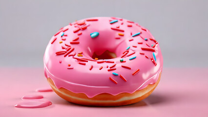 Obraz na płótnie Canvas Pink donut with sprinkles on pink and grey background