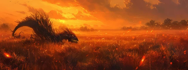 Abwaschbare Fototapete Fantasy landscape at the golden wheat field background, fox feathered fiery  © Usman