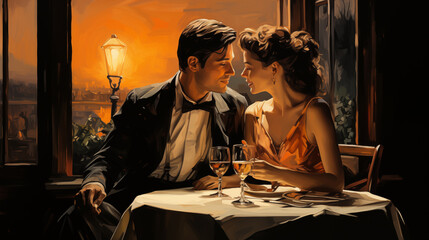 Side view young lovely couple have romantic dinner indoors together illustration