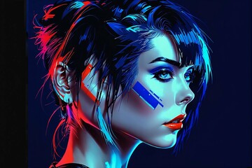 Fototapeta premium A woman with a red lipstick and blue eyes