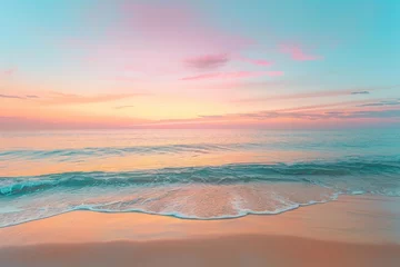 Papier Peint photo Lavable Réflexion A painting capturing the serene beauty of a sunset over the ocean, with soft hues blending in the sky and reflecting on the water below.
