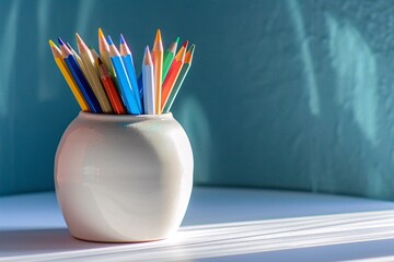 a group of colored pencils in a white vase - obrazy, fototapety, plakaty