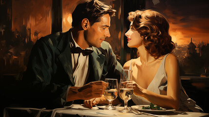 Couple at romantic dinner illustration