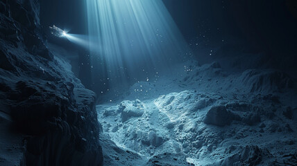 Rocky Textures of a Mysterious Underwater Cave Are Highlighted by Streaming Sunlight Through the Deep Blue Water