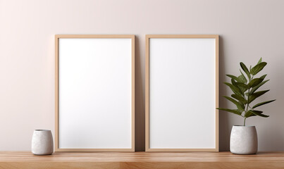 a wooden board and a framed poster mock up with green leaves on it сreated with Generative Ai