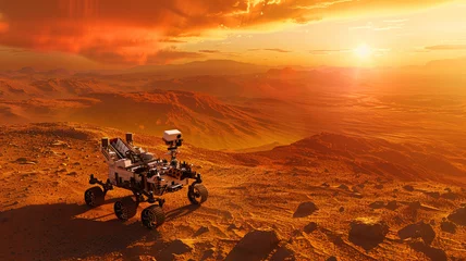 Tuinposter A Mars Rover Surveys a Vast Crater on a Dusty Martian Landscape Under a Warm Sunset, with a Distant Planet Visible in the Sky © Sasikharn