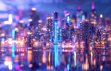 Fototapeta na wymiar futuristic city with lights reflection in the water Generative AI