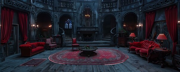 Interior of gothic vampire castles living room The interior of a gothic vampire castles living room adorned with dark and richly colored furnishings. Concept Gothic, Vampire, Castle, Living Room - obrazy, fototapety, plakaty
