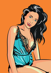 Beautiful brunette pop art girl sitting in lingerie. Woman with curly hair sits on a bright background in pop art retro comic style.