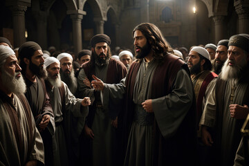 Jesus surrounded by Pharisees in a Temple, created with Generative AI technology