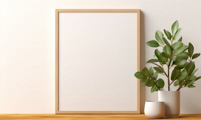 a wooden board and a framed poster mock up with green leaves on it сreated with Generative Ai