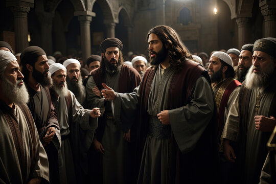 Jesus surrounded by Pharisees in a Temple, created with Generative AI technology