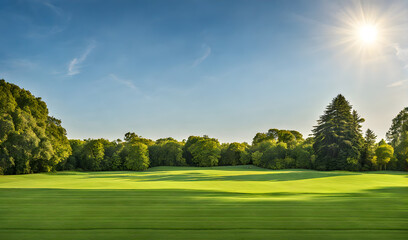 Wide lawn trimmed with precision under a blue sunny sky