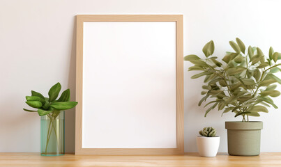 a wooden board and a framed poster mock up with green leaves on it сreated with Generative Ai