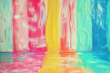 Vibrant vertical stipes of paint on a wall and floor. Empty room with colorful streaks of paint in retro vintage style. - obrazy, fototapety, plakaty