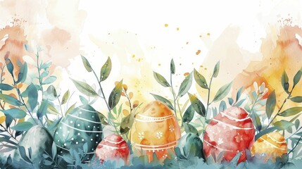An artistic Easter Monday scene features watercolor eggs nestled within lush foliage.