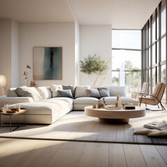 A modern living room with an oversized sectional, an accent chair, and an area rug
