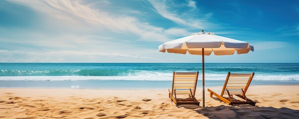 Landscape summer vacation holiday travel ocean sea beach background banner panorama - Wooden sun loungers, lounge chair and parasol on the sand, blue sky and sunshine