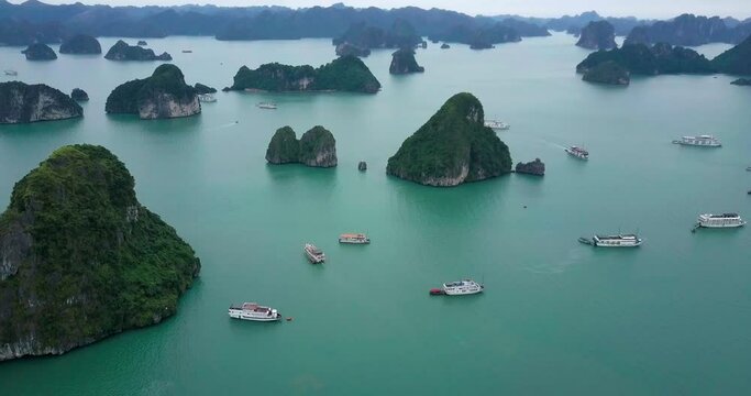 Vietnam travel destination. Tour tourism exploring. Beautiful landscape Halong Bay view from adove the Bo Hon Island. Halong Bay is the UNESCO World Heritage Site, beautiful natural, northern Vietnam