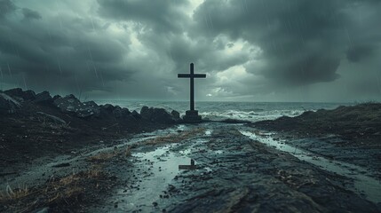 Dramatic stormy skies frame the rugged cross on Good Friday, setting a solemn and powerful scene. - obrazy, fototapety, plakaty