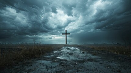 Dramatic Good Friday scene: stormy skies, rugged cross, and a border like no other. - obrazy, fototapety, plakaty