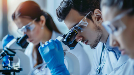 A research team discussing over a sample under the microscope, collaborating to interpret the findings, Analyzing samples concept, Medical Research, Education, Medical Test, with c