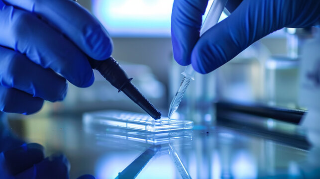 A clinician preparing a smear test, applying a sample onto a glass slide for microscopic examination, Analyzing samples concept, Medical Research, Education, Medical Test, with cop