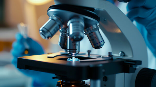 A pathologist viewing biopsy samples under a high-powered microscope, diagnosing diseases at the cellular level, Analyzing samples concept, Medical Research, Education, Medical Tes