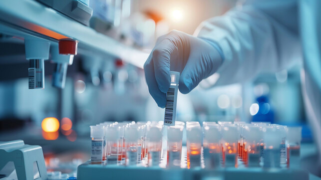 A lab worker scanning barcodes on sample vials before analysis, ensuring accuracy and traceability in medical testing, Analyzing samples concept, Medical Research, Education, Medic
