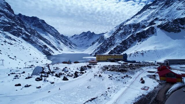 Del Inca Lake At Andes Mountains Valparaiso Chile. Skiing Holiday Winter Landscape. Outdoor Travel Andes Glacier. Outdoor Sky Andes Snow Covered Aerial View. Outdoor Glacier Mountain Andes Mountains.