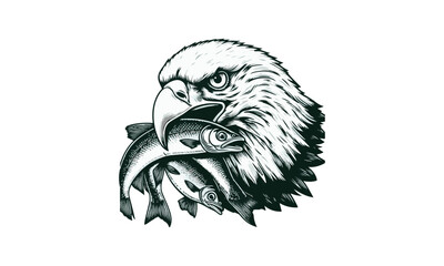 eagle head mascot, eating, fish, 