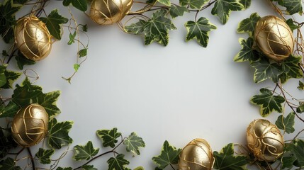 Easter Monday is adorned with eggs adorned in gold leaf and fresh spring ivy, creating a picturesque frame for the celebration. - obrazy, fototapety, plakaty