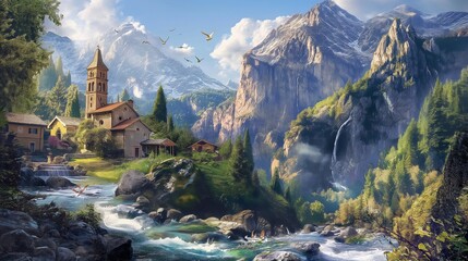 A captivating scene of crystal-clear streams weaving through rugged mountains, framing charming villages, with the elegant flight of birds adding a touch of magic to the landscape. - Powered by Adobe