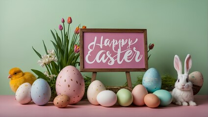 easter card with bunny and eggs.happy easter  on a pink and green. - obrazy, fototapety, plakaty
