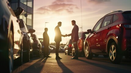 New beginnings at the dealership: Customers and salesperson handshake finalizing the purchase of a new car, a symbol of successful negotiation - AI generated