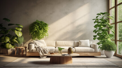 A modern living room with biophilic design that includes an inviting sofa, a natural wood coffee table, and lots of plants