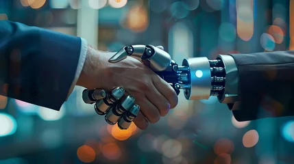 Fotobehang man shaking hands with artificial intelligence © Elena