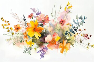 Artistic depiction of wildflowers in a watercolor style Creating a vibrant and textured bouquet isolated on a white background